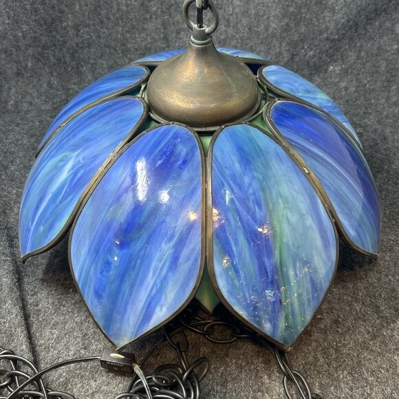 Vintage 1970s Stained Glass Chandelier Two Tier Slag Glass Hanging Lotus Flower - Picture 10 of 16